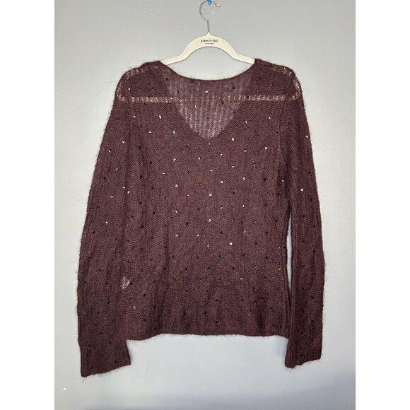 Sequin Mohair Blend Sweater Womens L Purple Fuzzy Sheer Layer Plum V Pullover - Picture 2 of 12